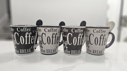 Set of 4 "Coffee Break" Bistro Mugs with Integrated Matching Spoons