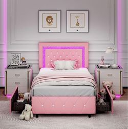 Twin Bed Frame with LED Lights and Diamond Tufted Headboard,Pink
Upholstered Bed Frame with Storage Drawers,Faux Leather Princess Platform Bed, No Box