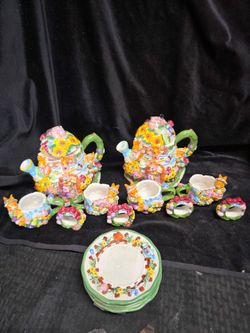 1999 Ceramic Easter Bunny Tea Set 13 Pc By Mercuries