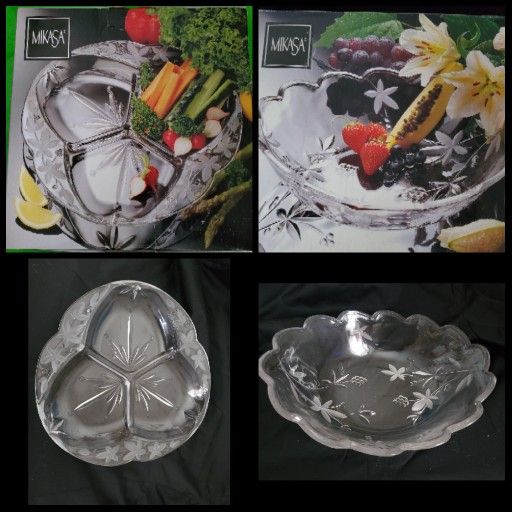 Misaka Crystal Bowl & Divided Plate NEW In Box Both $100