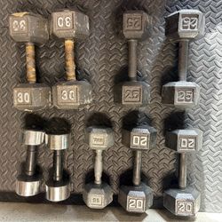 Dumbbell weights (10s, 20s, 30s)
