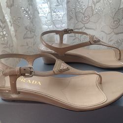 Prada Patent Demi-Wedge Thong Sandal, Nude (Cipria) 