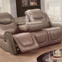 Gray Leather Fully Reclining Three Seater Sofa And Matching Chair 