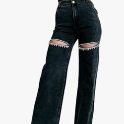 Women's High Waisted Jeans Trendy Ripped Cutout Rhinestone Trim Straight Wide Leg Baggy Denim Pants