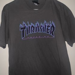 Brand New Thrasher Tee Shirt Skate Grey And Blue Flames