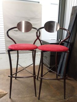 Set of 2 Metal Bar Stools with Red Upholstered Seats