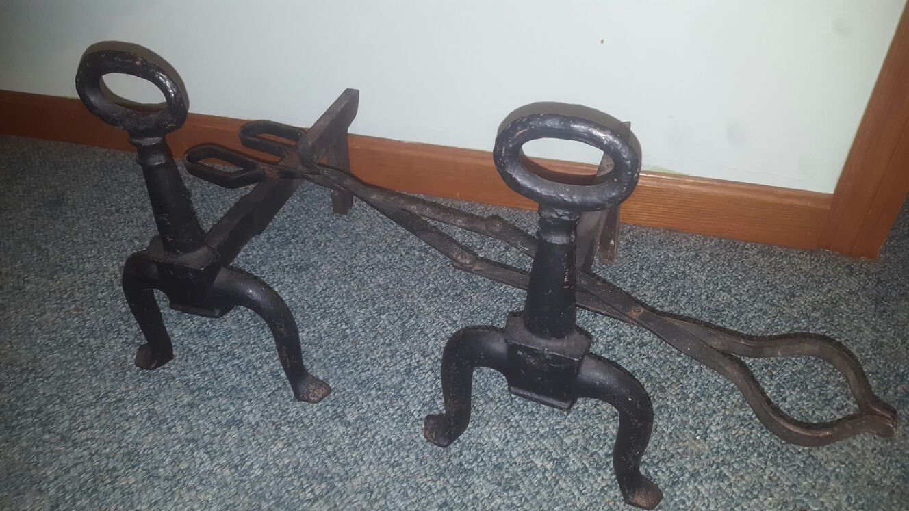 Antique Cast Iron Fireplace Andirons & Log Grabbers
