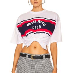 MIU MIU White Club Jersey Logo T-Shirt Cropped Top Cotton Size L Pre-Owned