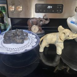 (3)  Vintage Elephants Statues, Candle Holder, Oyster shell Elephant, Colonial Elephant Clock