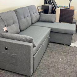 Dark Gray Sleeper Sectional Sofa, Built-in Storage Chaise, USB Ports,