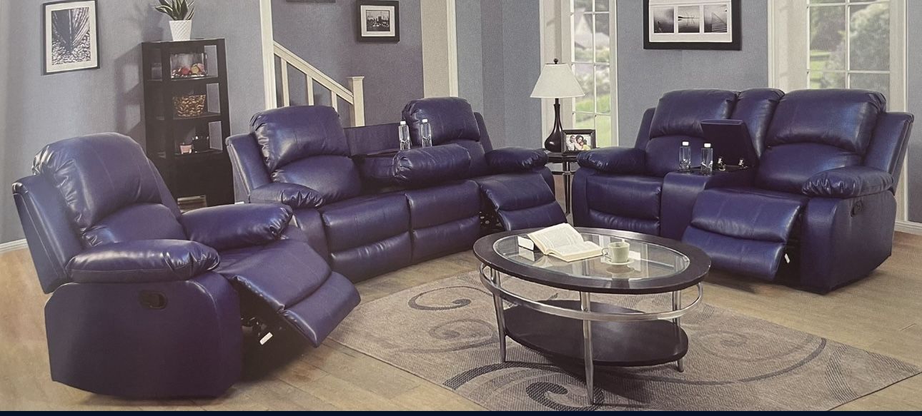 Blue Leather Fully Reclining Couch Set