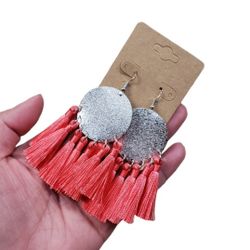 Silver Toned Disc Neon Pink Tassel Earrings