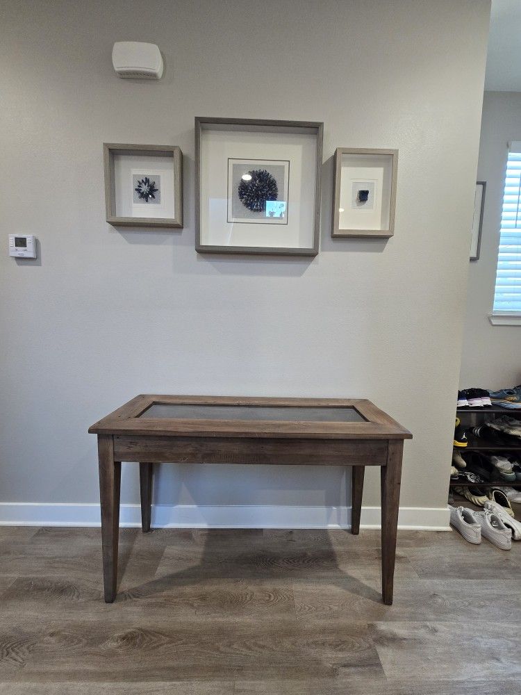 World Market Wood Console Table with Glass Top and Display Drawer