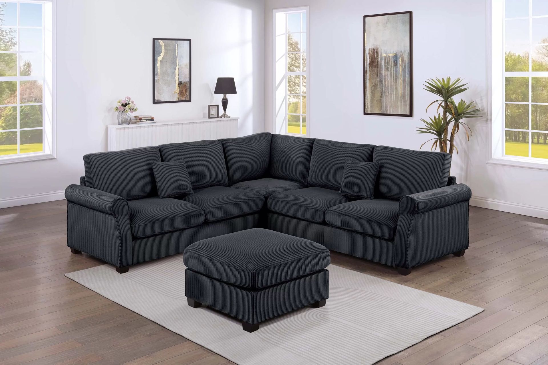 New! Black Sectional Sofa And Ottoman, Black Couch, Black Corduroy Sectional. L-Shaped Sofa, Couch, Sectionals, Black Sofa, Black Sectional,Plush Sofa