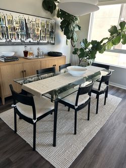 CB2 Glass Top Dining Table and west Elm Chairs