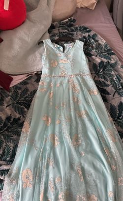 light blue flowery girls formal  dress