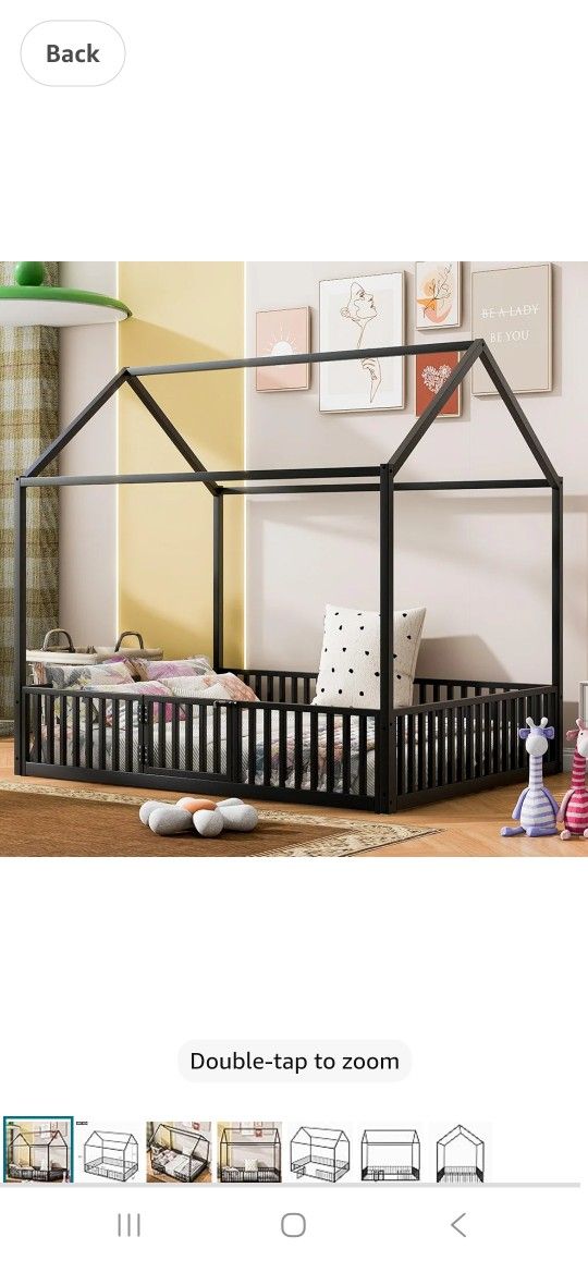 Merax Full Size Montessori Floor Bed, Metal House Bed Frame with Roof for Kids, Teens, Girls