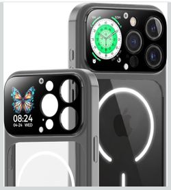 Phone Case for iPhone 16 Pro Max with 1.85 Inch Smart Display, Rechargeable MagSafe Compatible Shockproof Clear Case with Notifications and Weather Di