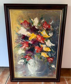 Framed Floral Oil Painting Signed R. Juard
