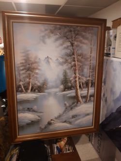 Beautiful winter river teton oil painting Wood Framing.