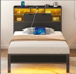 Rolanstar Twin Bed Frame With Headboard, LED Bed With Bookcase Storage And Charging Station, Metal Platform Bed With Glass Shelves, No Box Spring Need