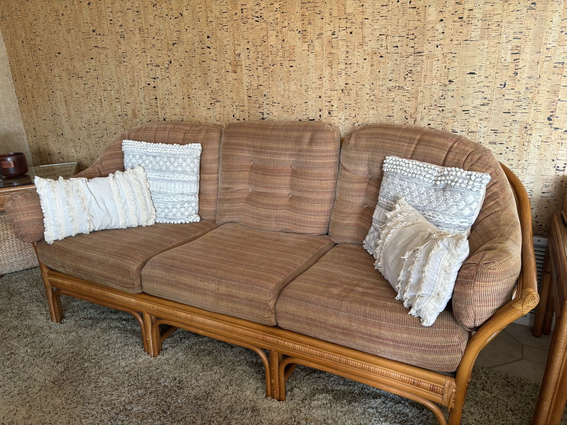 Rattan Couch, Love Seat, 2 End Tables And 1 Long Coffee Table(same But Longer Than The End Table)