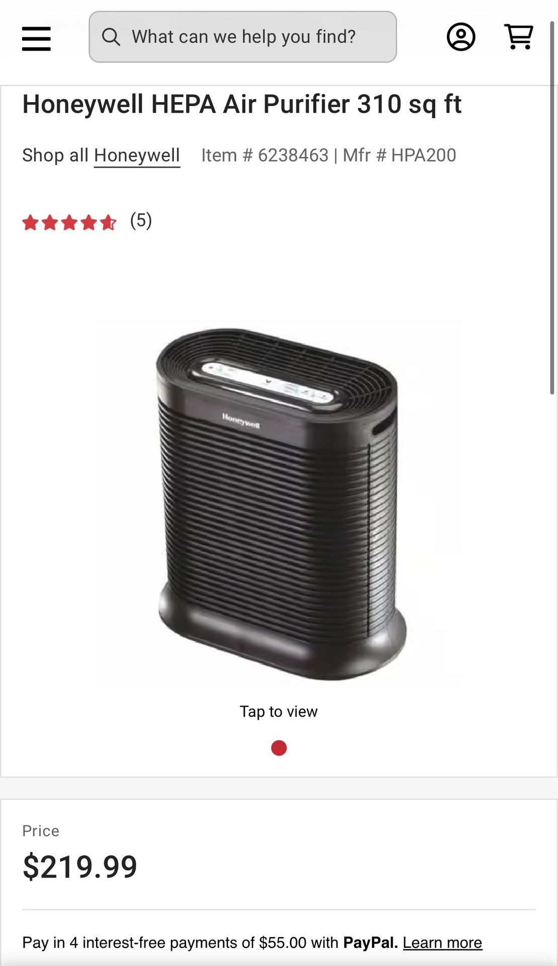 Honeywell HEPA Air Purifier 310 sq ft