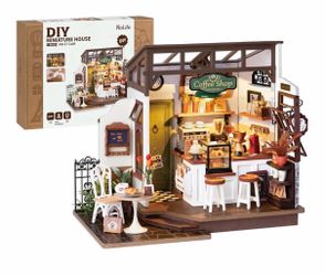 Rolife Coffee Shop DIY Miniature House Kit with LED Light 183 Pcs Coffee 3D Wooden Puzzle Model Kit for Beginner, 1:18 Scale Therapeutic Craft Diorama