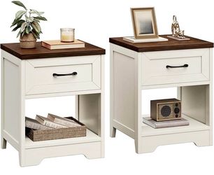 Set of 2 Farmhouse Bedside Tables with Drawer & Storage – Rustic White & Dark Walnut