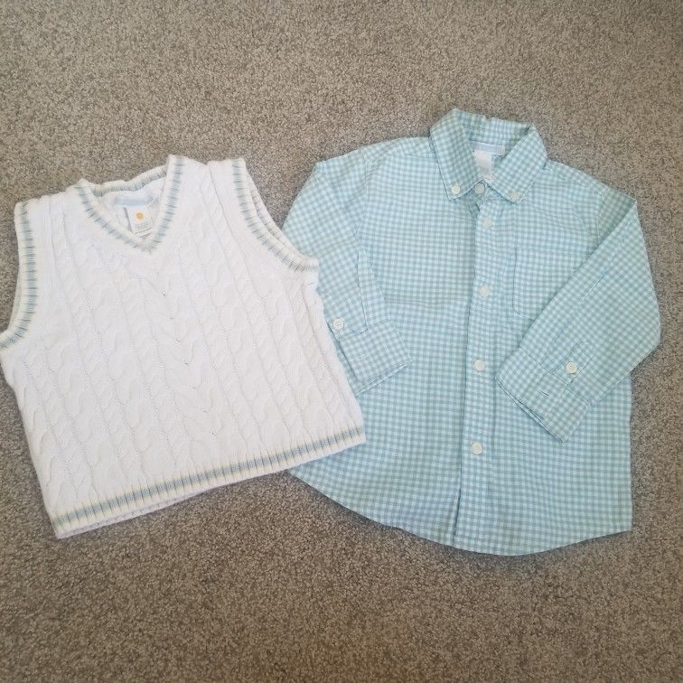 18-24 Month JANIE AND JACK white And Blue Sweater Vest And Shirt. Perfect For Easter