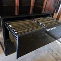 *PRICED TO MOVE*  Elegant Black Mirrored File Cabinet Filing Office Desk – Tempered Glass & Wood Accent HandlesHome Work