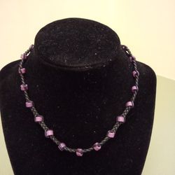 Short Necklace With Purple Beads And Black Knot Chain 