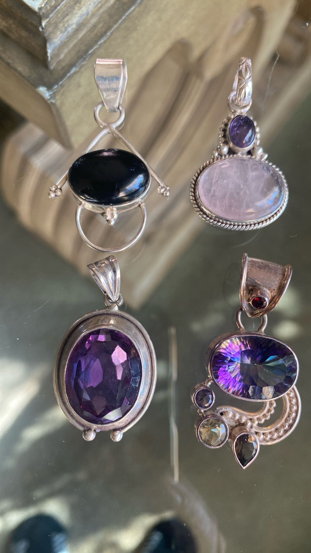 Sterling Silver & Semi-precious Stones Necklace Pendants Set Of 4 