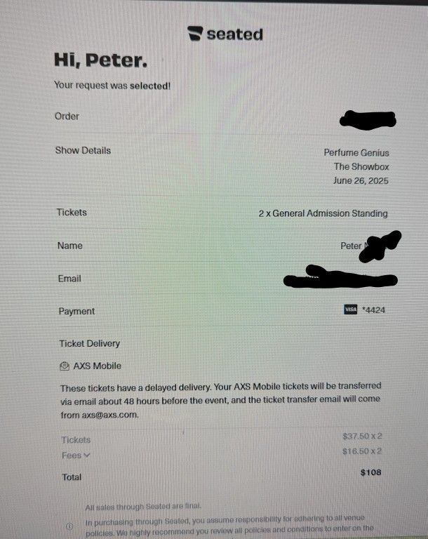 2 Tickets $50 each to sold out Perfume Genius @ Showbox 6/26
