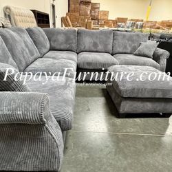 NEW Corner Sectional Sofa and Ottoman Set Dark Grey Fabric Couch Ashley IKEA Style Big Discount Warehouse Furniture SALE Corduroy Sectional Gray Black