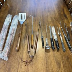 Williams Sonoma Walnut Handle 5pc Barbecue Grill Set w/ Turner Extra BBQ Tools