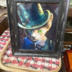 Cat Picture Framed Kitty In Top Hat Artwork 8 By  10"