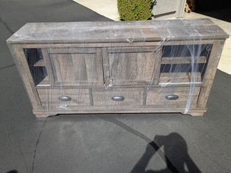 Living spaces Coralee Grey 63" Rustic Wood TV Stand | Sliding Doors | Shelves | Drawers | Storage | Entertainment Center