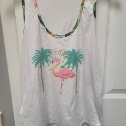 Cozy Rozy Women's White Palm Flamingo Sleeveless Sleepwear Top Sz L 