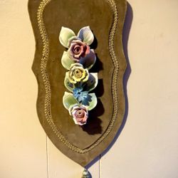 Vintage Capodimonte 3D Floral Porcelain Velvet Wall Plaque - Made in Italy