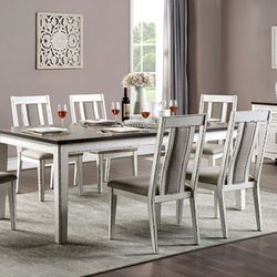 Brand New Rustic Weathered White/Dark Walnut 7pc Dining Table Set 