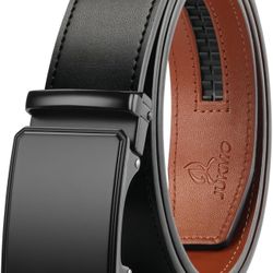 JUKMO Men’s 35mm Leather Ratchet Belt with Original Slide Buckle 