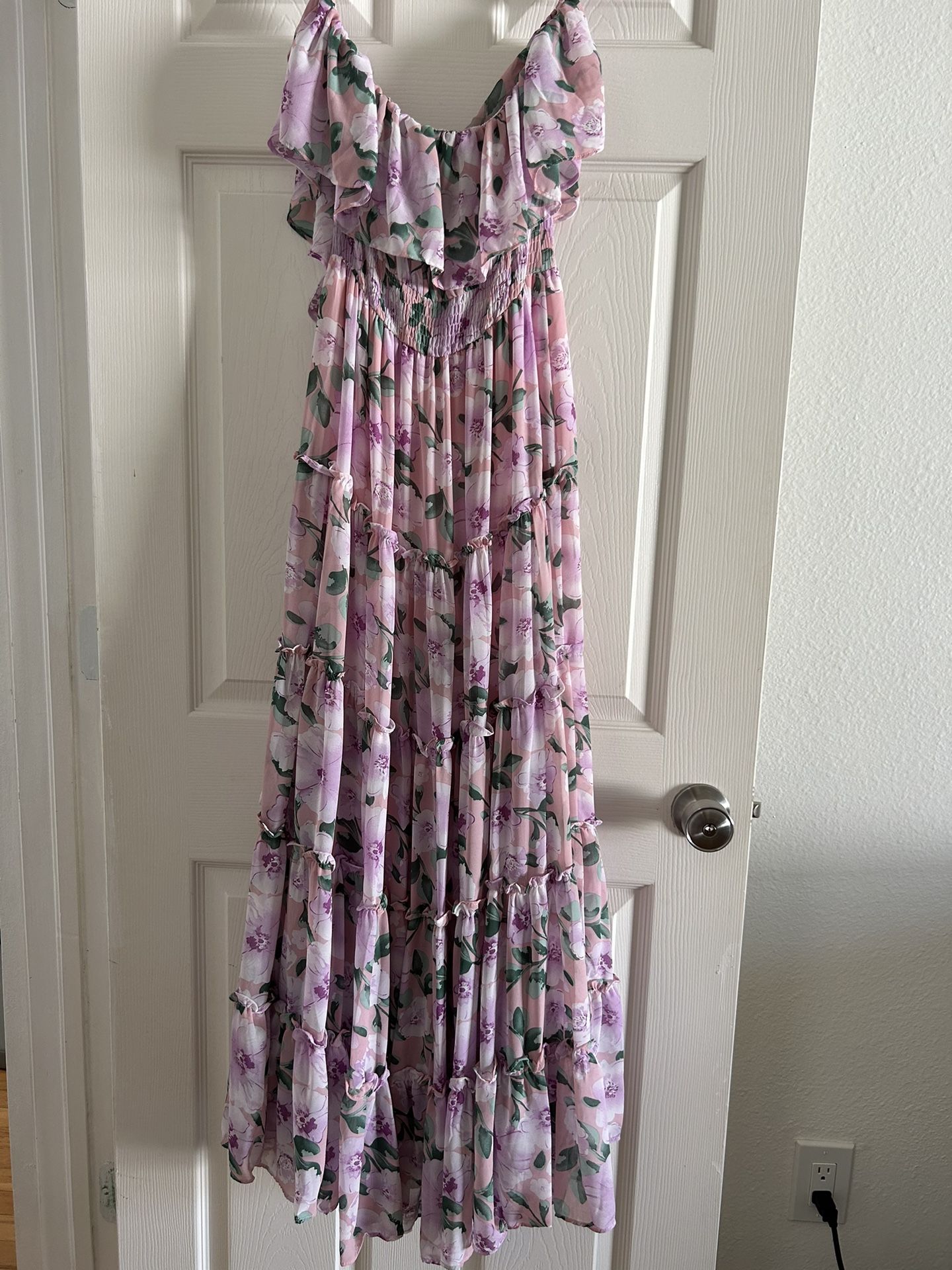 Lulus Blush Floral Off-the-Shoulder Ruffled Maxi Dress - Medium