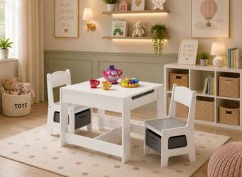 KidsTable and 2 Chairs Set with Blackboard & Storage Drawers, Children Multi Activity Table for Learning, Playing, Drawing, 3-in-1 Toddler Art Crafts 