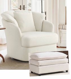 Beige swivel fabric accent chair with ottoman