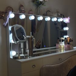 VOWNER Vanity with 10× Magnifying Mirror, With Glass Top & Power Outlet, 3 Color Light Options, 43”