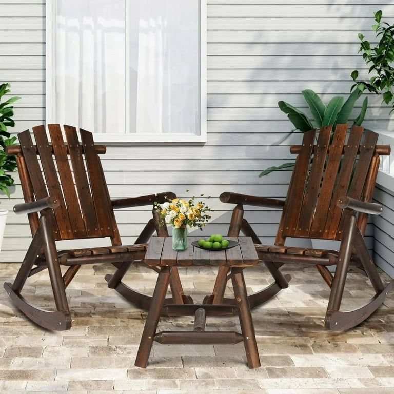 3-Piece Outdoor Wood Rocking Bistro Set, Rustic Adirondack Rocker Chair Set with High Back & Slatted Seat and Side Table, Patio Wooden Conversation Se