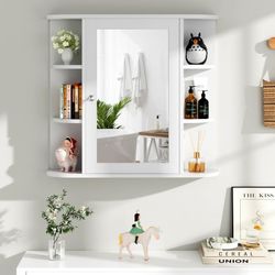 New Bathroom Wall Cabinet with Mirror, Wall Mounted Medicine Cabinet with 4 Internal and 6 Open Shelves, Mirrored Door Over the Toilet Storage Cabinet