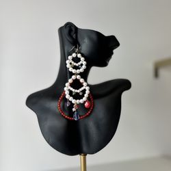 Large Bohemian Handmade Beaded Long Pearl Drop Earrings 