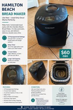Hamilton Beach Bread Maker – Like New! Used Only Once